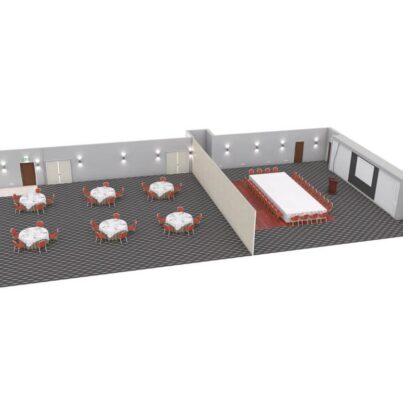 Spacious hotel conference room with round tables set for events, modern decor, and ample meeting space. Ideal for business gatherings.