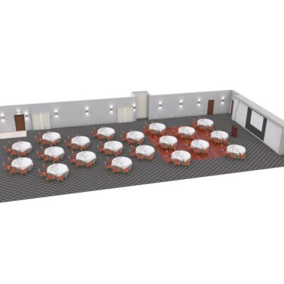 Spacious hotel conference room with round tables, chairs, and a large projection screen, ideal for events and meetings.