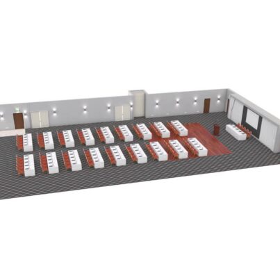 Spacious conference room with theatre-style seating, modern projector screen, and ambient lighting for business events.