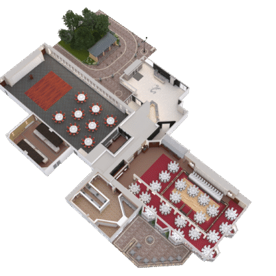 Luxurious hotel floor plan showcasing elegant dining areas, outdoor terrace, and spacious event halls for memorable stays.