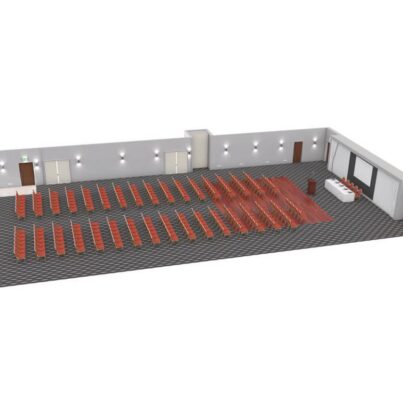 Spacious conference room with red seating, projector screen, podium, and modern lighting, ideal for business events.