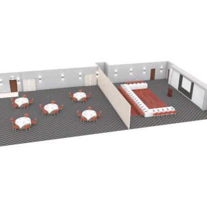 Spacious conference room with modern decor, banquet tables, and a presentation stage, ideal for events or meetings.